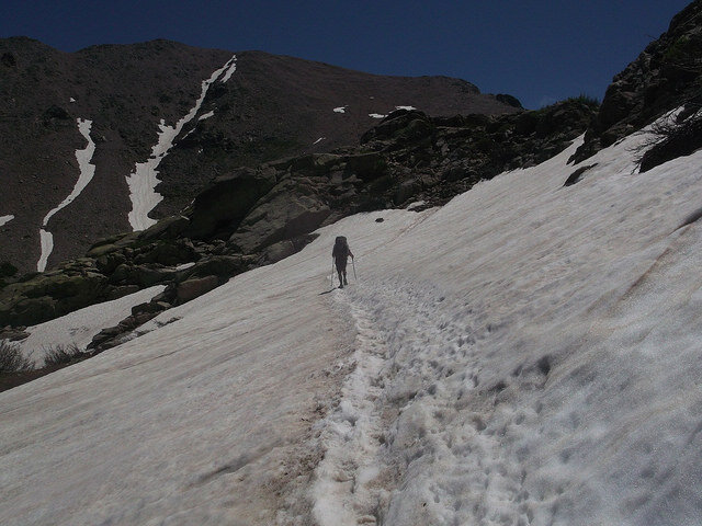 snow hiking with poles