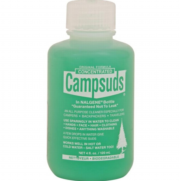 Campsuds soap works even in salty water, too, is biodegradable and naturally scented. Image from Campmor.