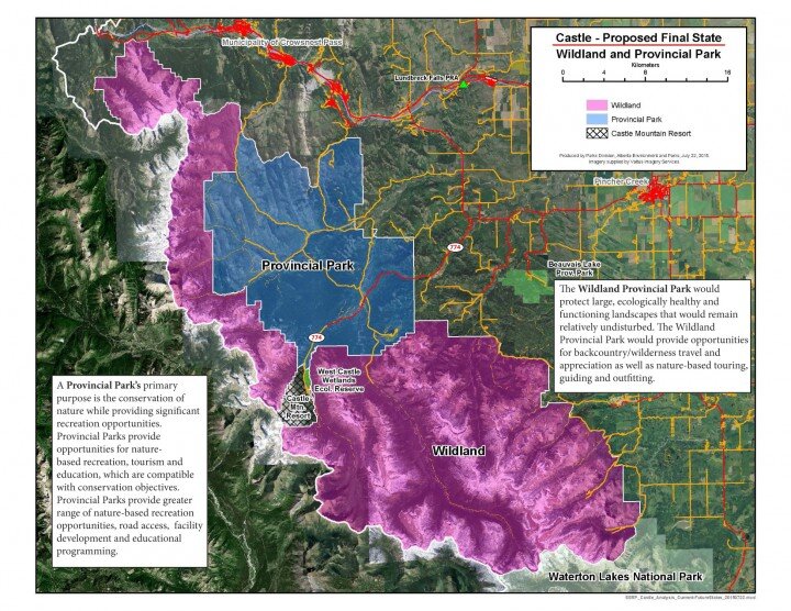The boundaries of the Castle Wilderness area and Provincial park are shown on this map.