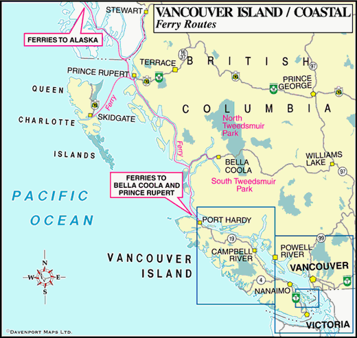 The ferry route from Port Hardy to Prince Rupert shown.