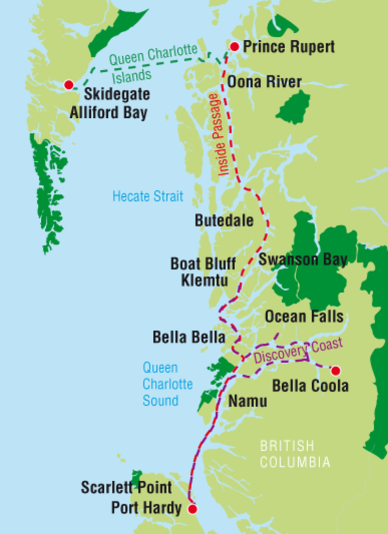 The inside passage route takes you from Port Hardy on Vancouver Island to Prince Rupert.