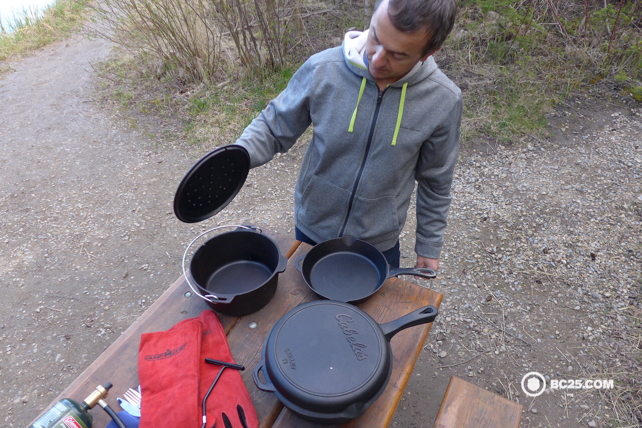 Cabela's cast iron cookware features 4 pots and skillets.