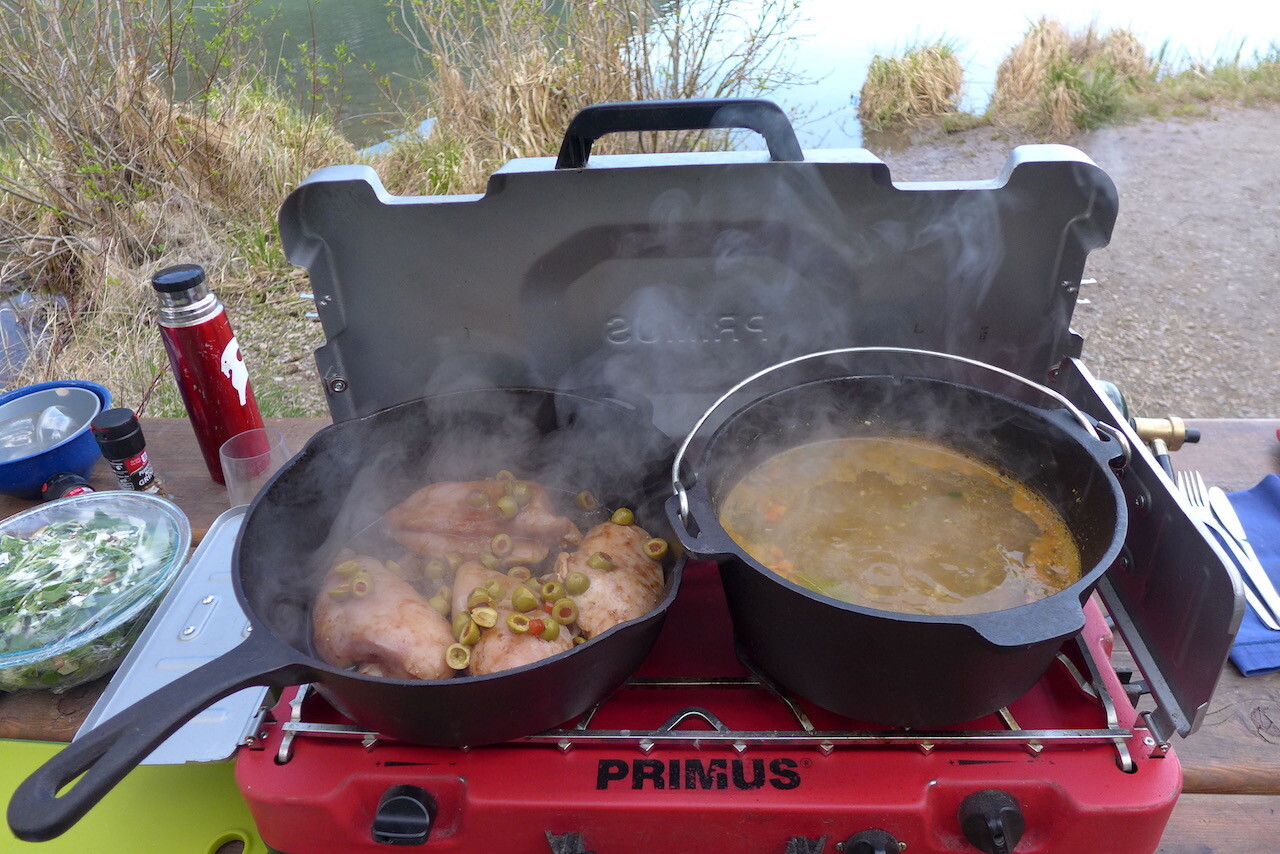 Cooking chicken and stew with Cabela's cast iron cookware 